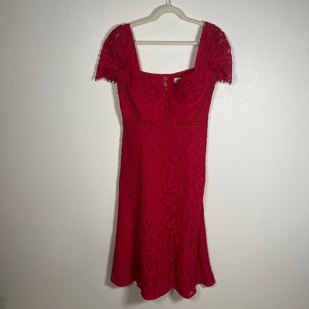 Self-Portrait Red Floral Cord Lace Bustier Midi Dress Cap Sleeve Sweetheart Sz 8 - Picture 6 of 16